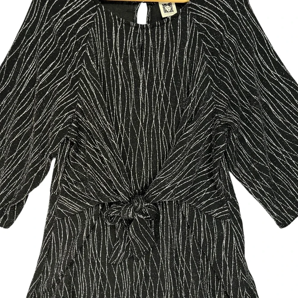 Anne Klein Black Silver Metallic Tie Front Blouse Womens Size‎ L